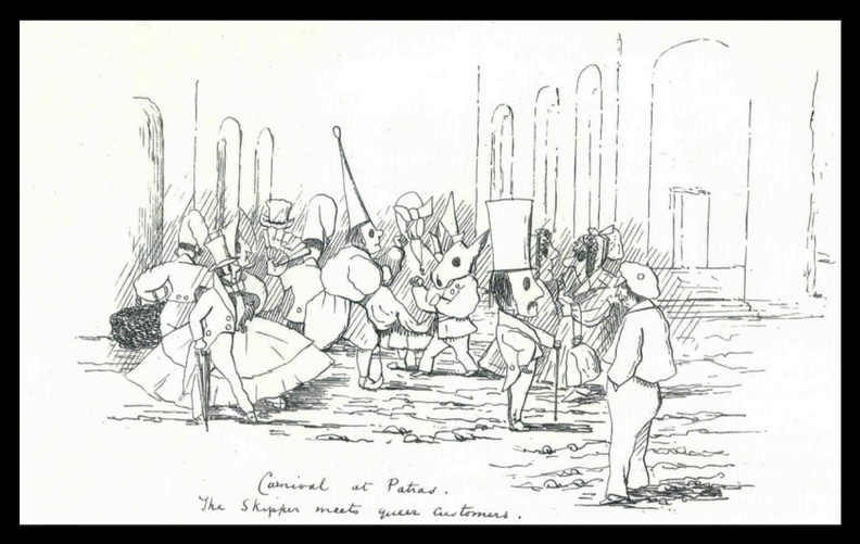 1. Γιορτές των αποκριών στην Πάτρα όπως αποτυπώθηκαν σε σκίτσο από το βιβλίο "Cruise of the Caroline"