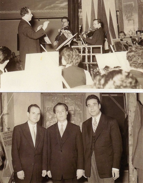 3. Στην φωτό ο μαέστρος τής συναυλίας Μιλτιάδης Κουτούγκος στη μέση, ανάμεσα στους δύο σολίστ τού βιολιού Ντίνο Κωνσταντινίδη και Μιχάλη Σέμση, 1954.jpg