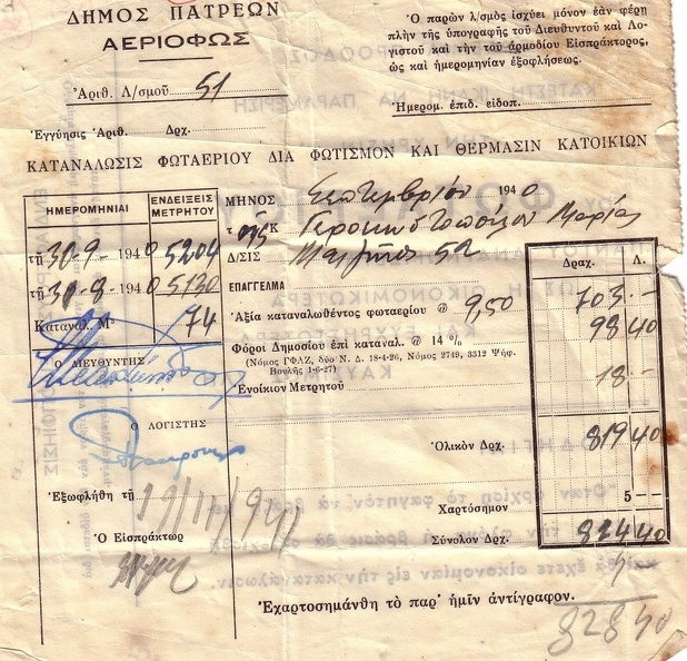 53. Απόδειξη φωταερίου τού Δήμου Πατρέων, 1941