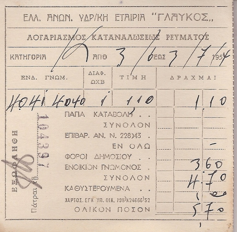 55. Απόδειξη ρεύματος της εταιρείας "Γλαύκος", 1954
